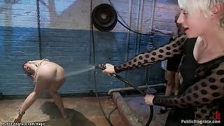 Miss Lorelei Lee restrains brown-haired Bianca Stone, explores her body, then makes her urinate in a public restroom.