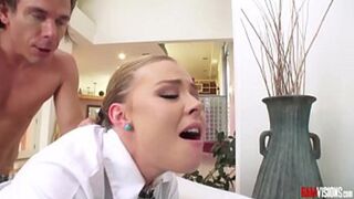 Watch hot teen blonde Nicole Clitman suck a huge cock, giving perfect blowjob. She then takes the big cock in her pussy, and a vibrator in her ass, for some hot double penetration