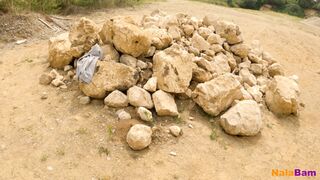 Blind babe's outdoor gravel groping gets gravelly grunts galore!