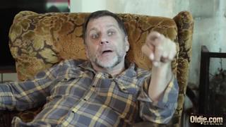 'Old stud cums in eager teenager's throat'