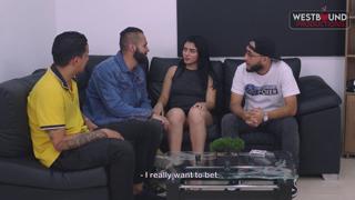Abby Montano gets triple-teamed, her tits on full display
