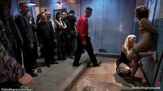 Mistress Lorelei Lee binds curly brunette Bianca Stone, making her pee in public and finger her as strangers touch her